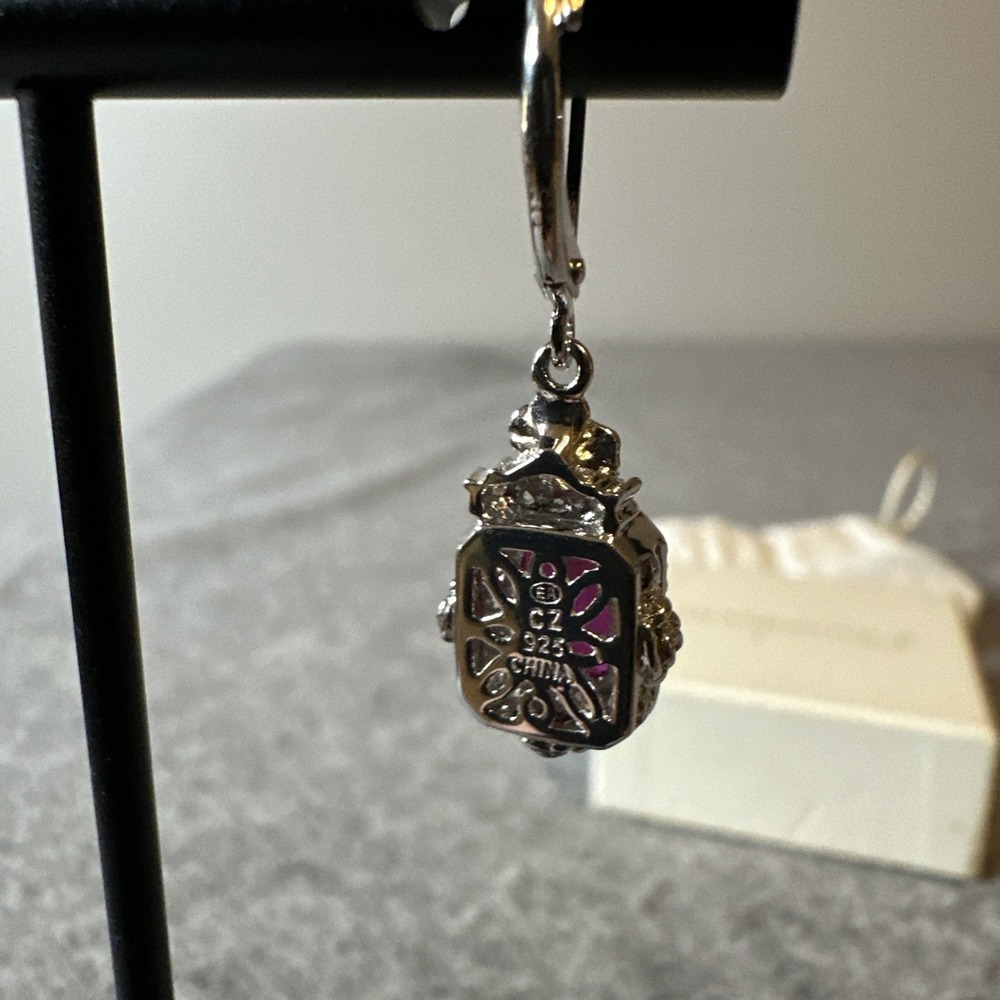 QVC Diamonique cz w/ Lab Ruby Leverback .925 Earrings - Picture 3 of 6